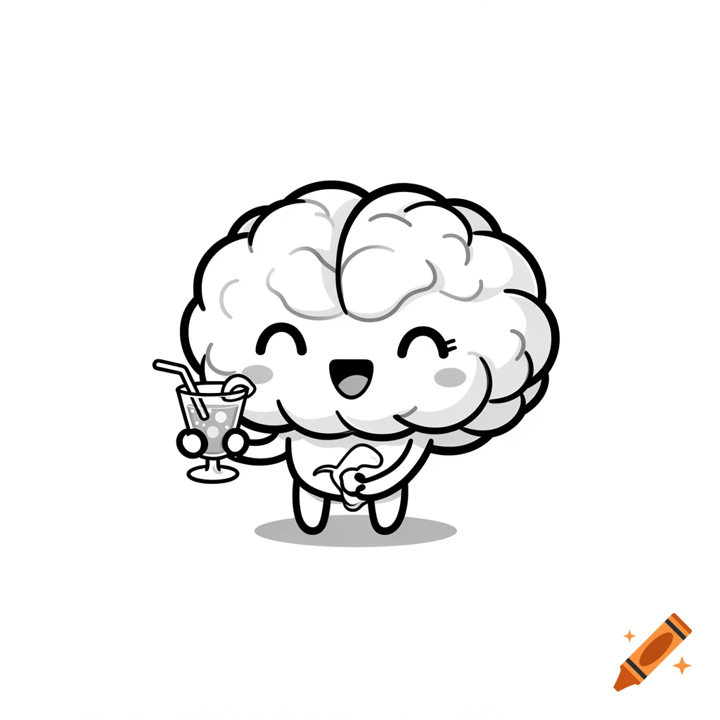 Cute black and white chibi brain cartoon character holding a cocktail glass, smiling happily.