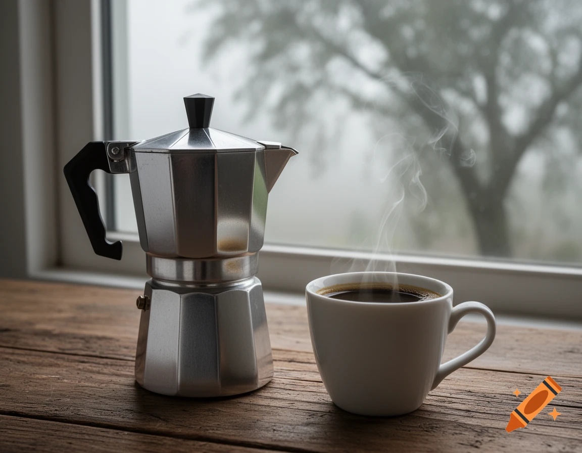 Steaming cup of black coffee and a moka pot on a wooden table, window with a foggy tree in the background, cloudy morning.