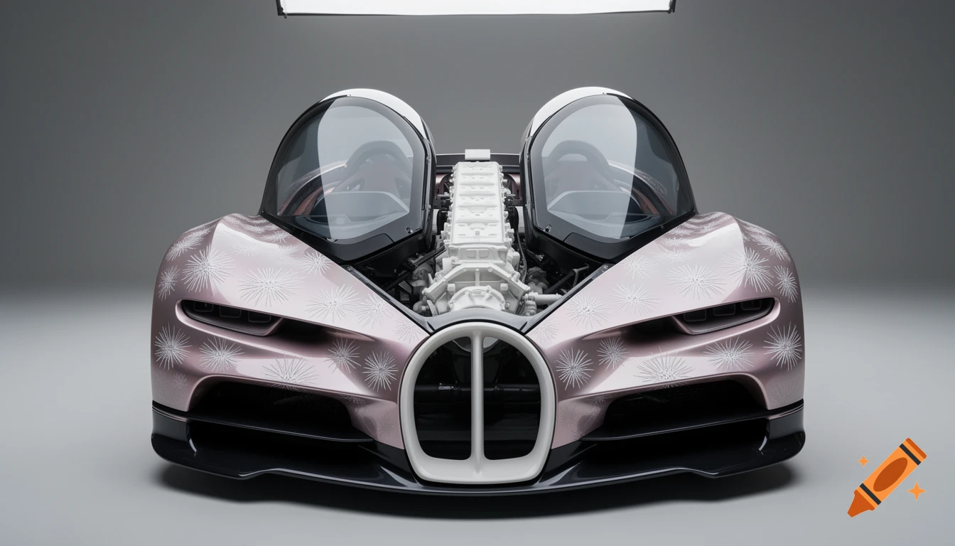 Front view of a pearl pink and silver Bugatti concept hypercar, split cockpits, exposed white engine, sea urchin patterns, studio lighting.