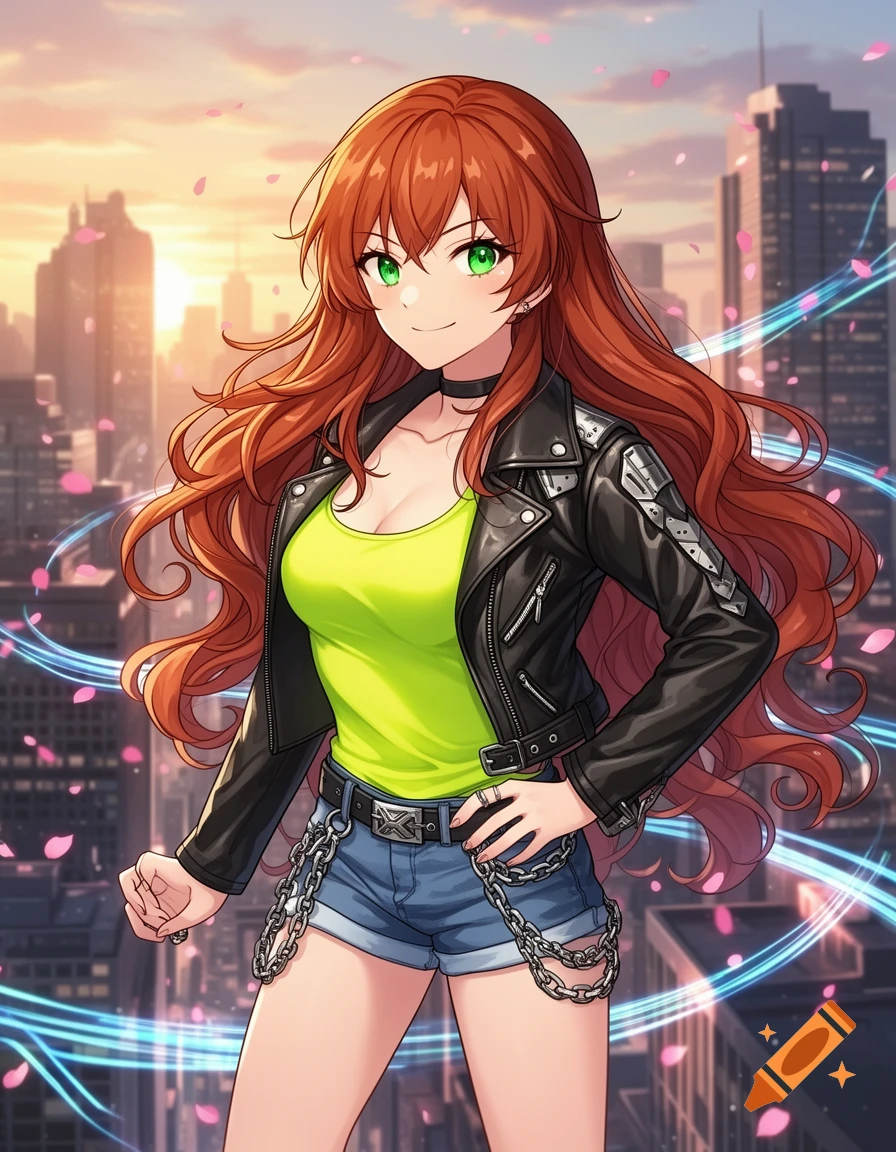Anime girl with long red hair, green eyes, black leather jacket, and denim shorts, posing in a city at sunset with falling pink petals.