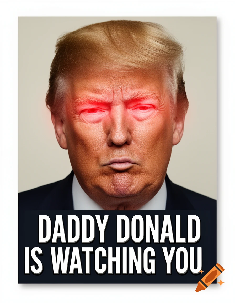 A poster of Donald Trump with glowing red eyes, looking sternly, with the text 'DADDY DONALD IS WATCHING YOU' on a black bar below him.