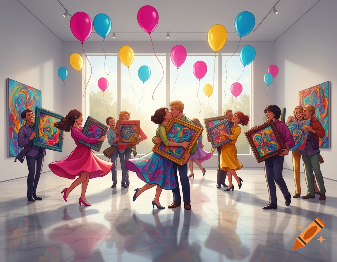 A vibrant illustration of happy adults celebrating in an art gallery, holding and interacting with colorful paintings surrounded by balloons.