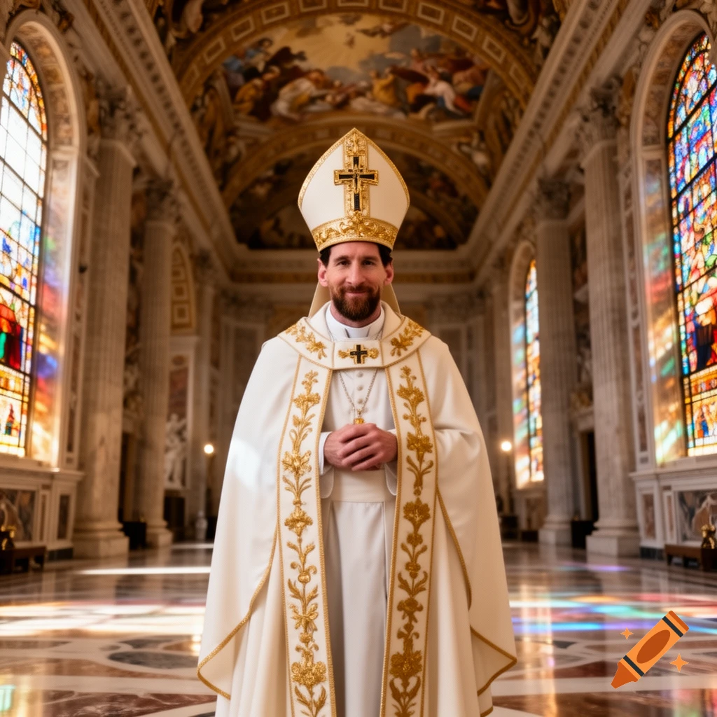 Photorealistic portrait of Lionel Messi dressed as a pope, standing in a grand, ornate cathedral with stained glass windows.
