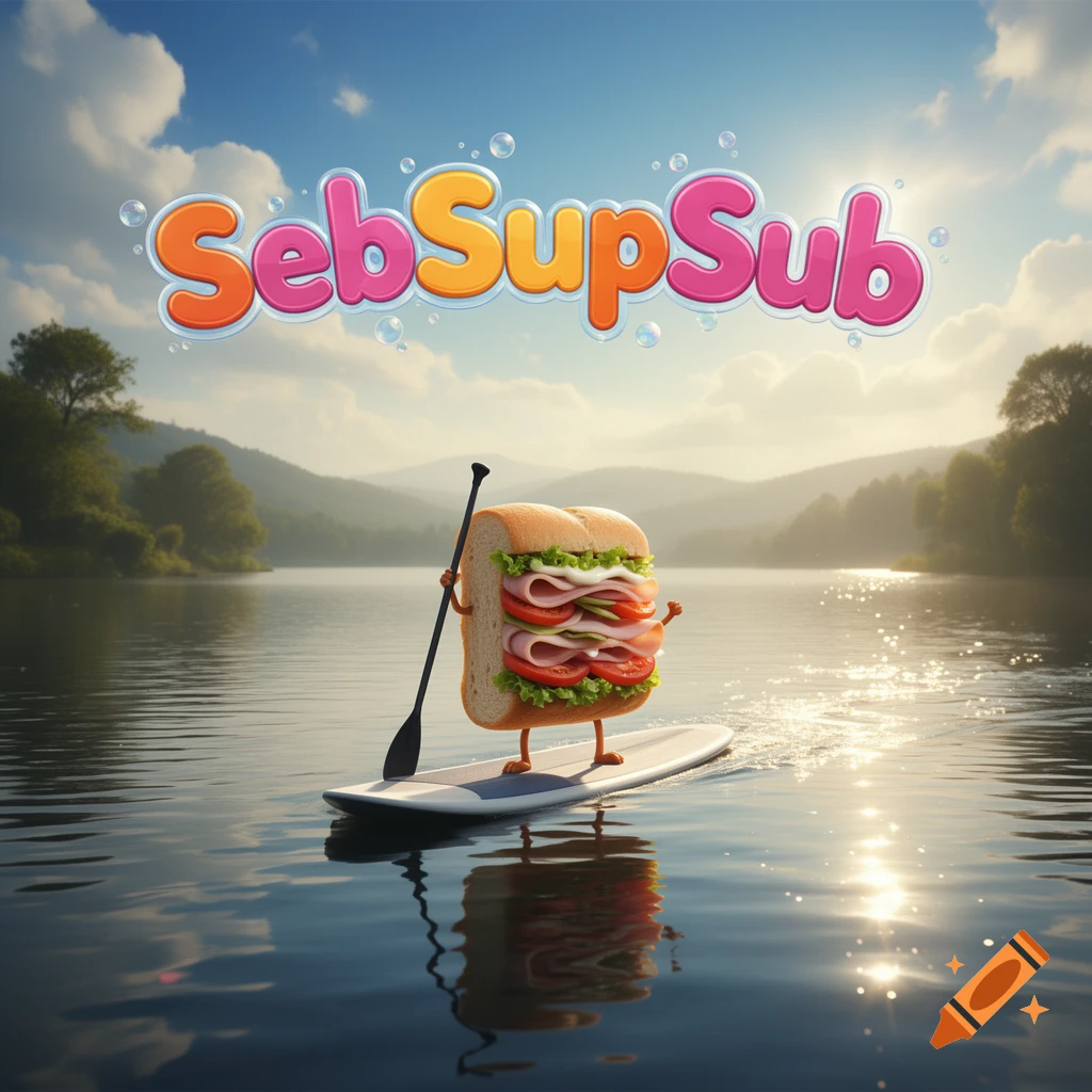 A cartoon sub sandwich stand-up paddleboarding on a lake at sunrise with "SebSupSub" text.