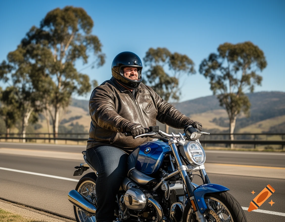 A large man in a leather jacket and helmet rides a blue BMW motorcycle on a road under a clear sky. Photorealistic.