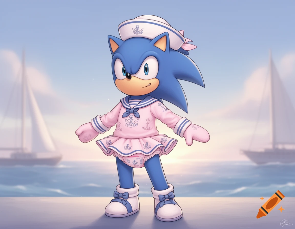 Cartoon Sonic in a pink sailor onesie, skirt, diaper, hat, mittens, and booties by the ocean with sailboats.