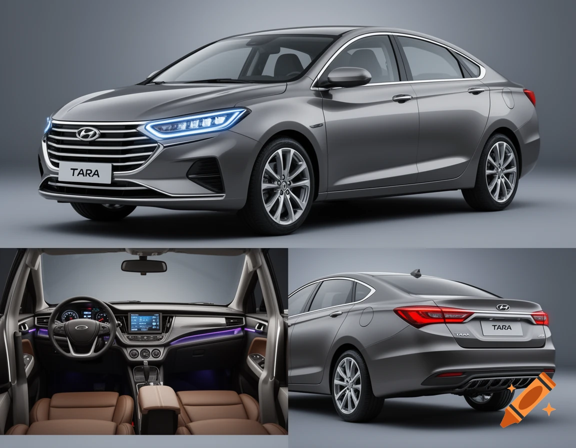 Multiple views of a gray modern sedan, showing its front, detailed interior with purple ambient lighting, and rear.