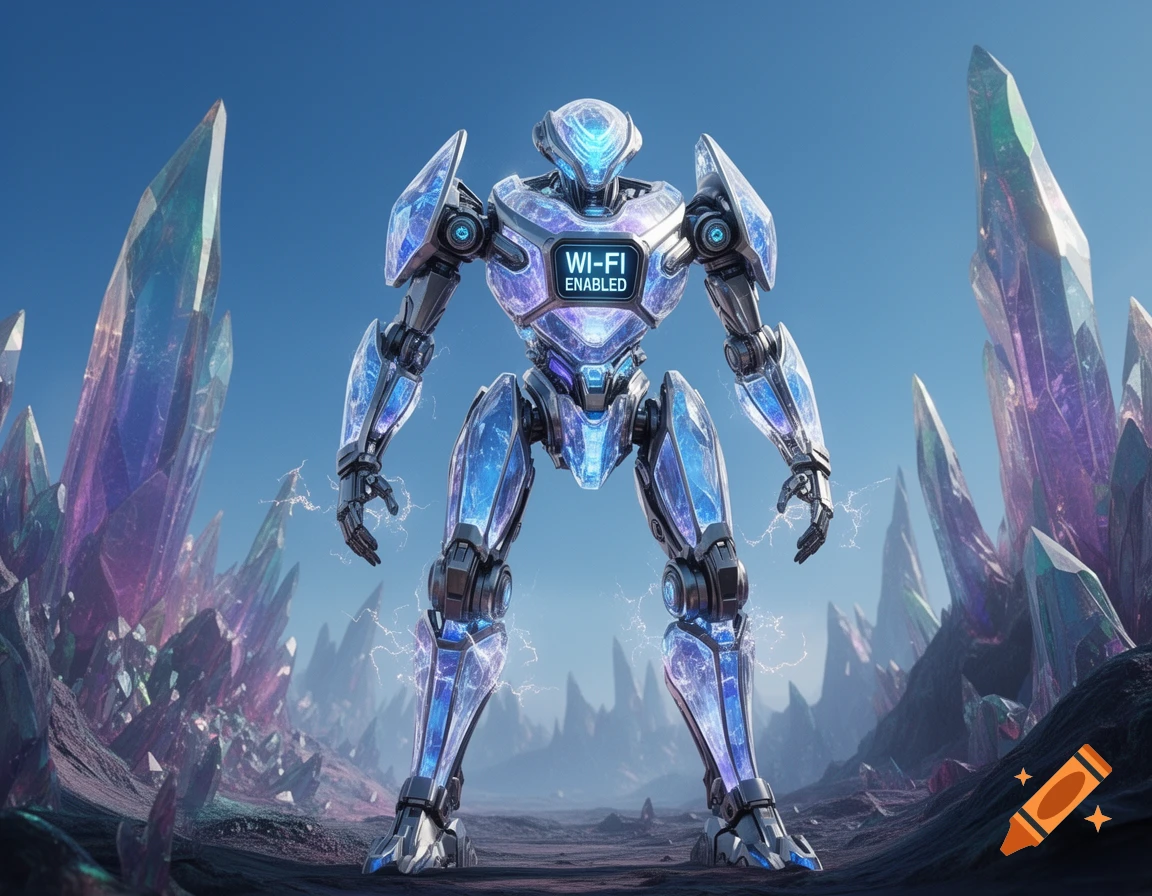 A blue and purple crystal mech robot with 'WI-FI ENABLED' on its chest stands in a landscape of iridescent crystals.