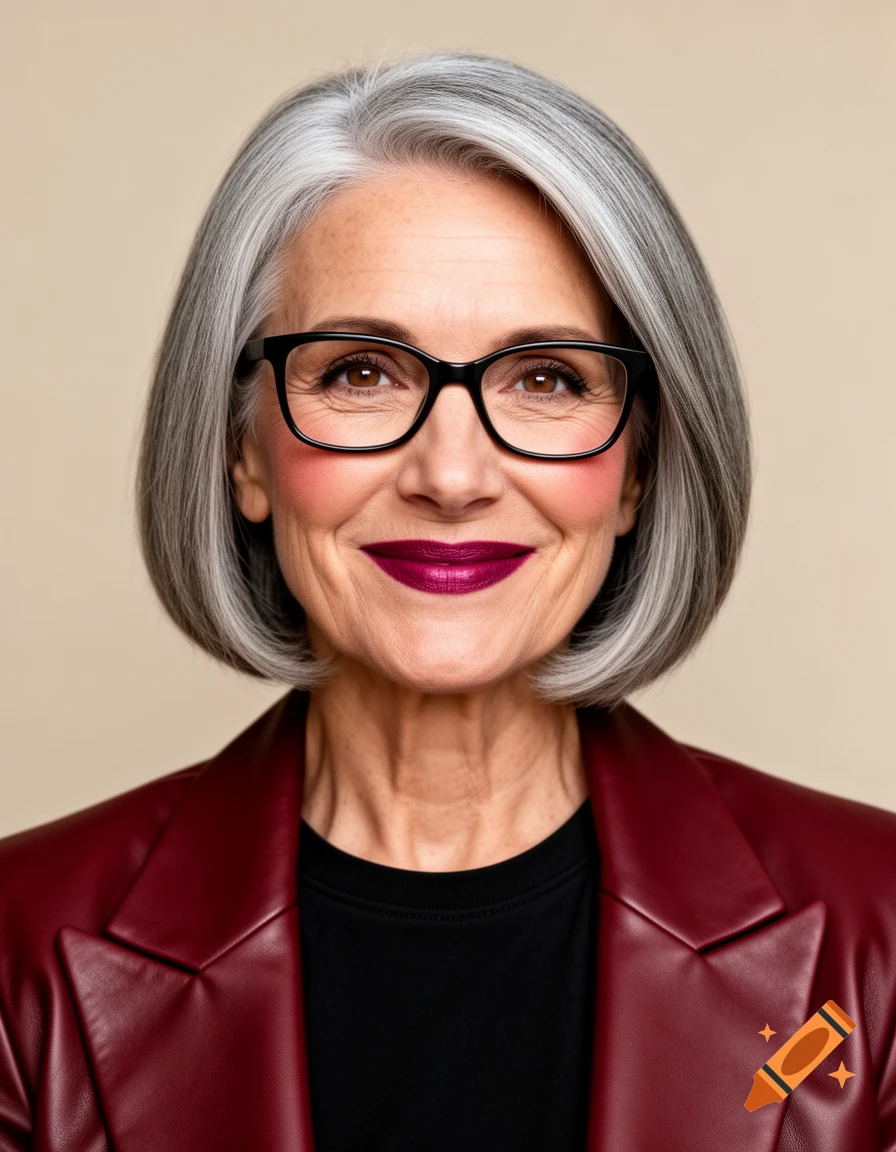 A smiling older woman with a gray bob haircut, black glasses, dark red leather blazer, and black t-shirt, in a photorealistic style.