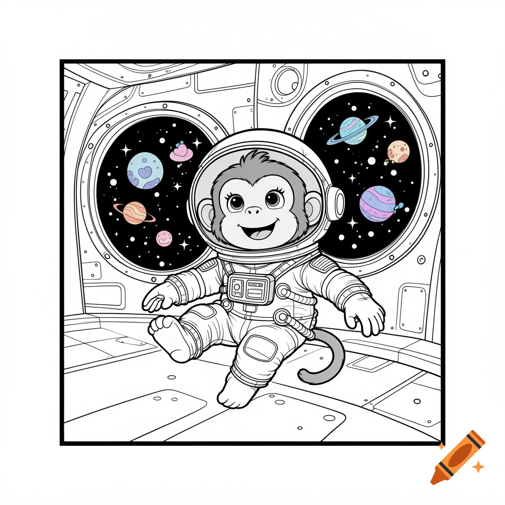Cute cartoon baby monkey astronaut floating inside a spaceship with planets and stars visible through portholes, in a coloring page style.