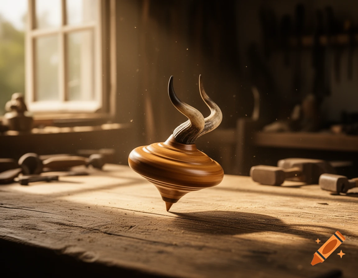 A wooden spinning top with curved bull horns balances on a dusty workbench in a sunlit workshop.