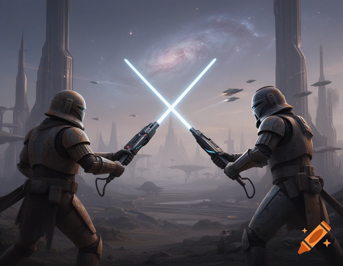 Two armored figures with lightsabers clash in a futuristic city under a galaxy sky, Star Wars inspired.
