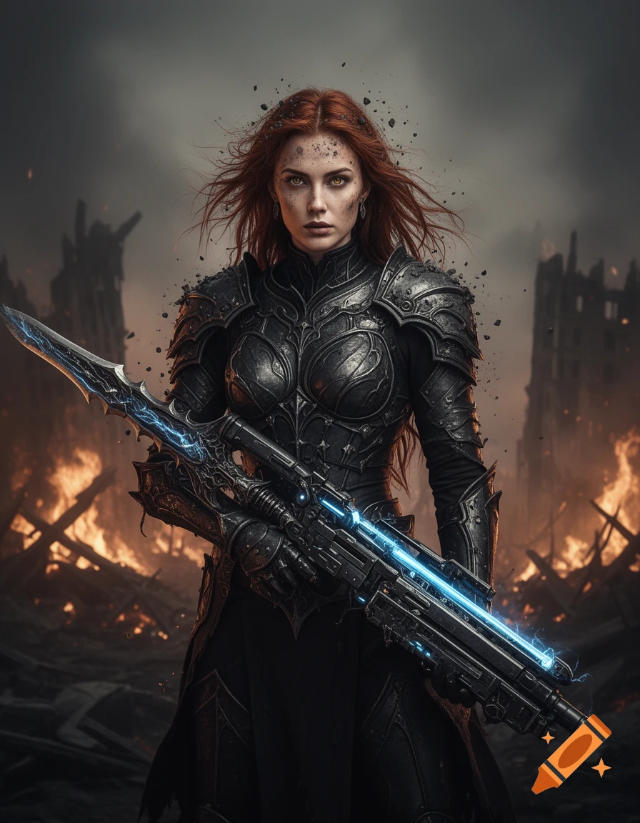 A determined sci-fi gothic warrior woman with auburn hair and hazel eyes, in black armor, holding a gothic sword and an arcane rifle, stands in a burning ruined city.