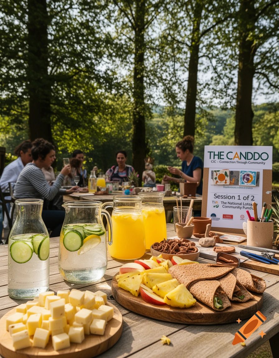 An outdoor gathering with a wooden table laden with snacks like cheese cubes, pineapple, wraps, and drinks including water with cucumber and lemon, and orange juice. People are blurred in the background among trees.