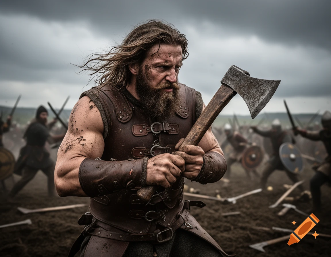A muscular, dirt-covered warrior with long hair and a beard wields an axe on a muddy battlefield with blurred fighting figures in the background under a cloudy sky.