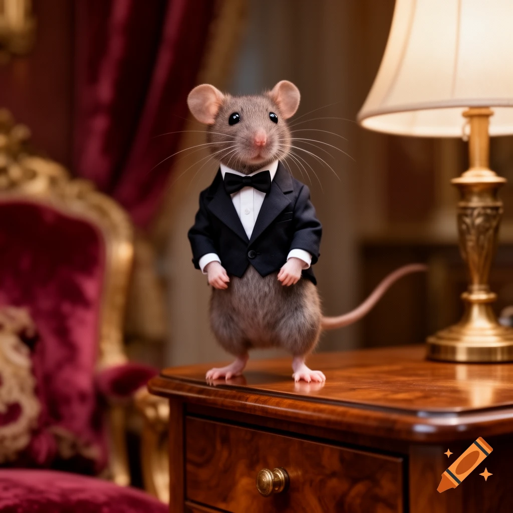 A photorealistic mouse in a black tuxedo and bow tie stands on a polished wooden table, with a lamp and a red velvet armchair in a luxurious room.