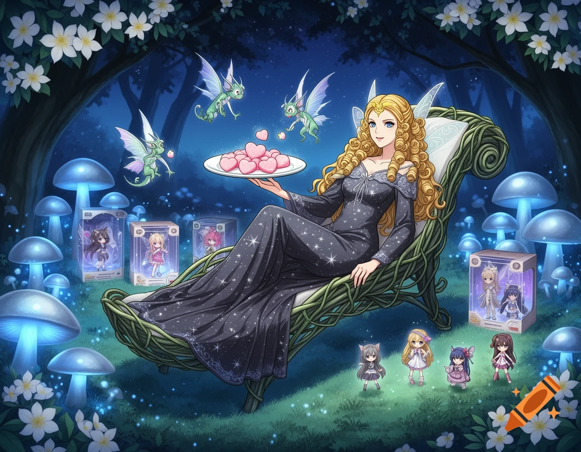 Anime fantasy illustration of a fairy woman on a vine chaise with glowing mushrooms, faerie dragons, and anime figurines.