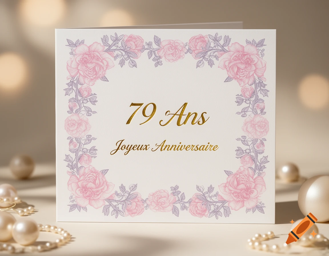 White birthday card with gold text '79 Ans Joyeux Anniversaire' surrounded by a pink rose and purple leaf floral border, with pearls nearby.