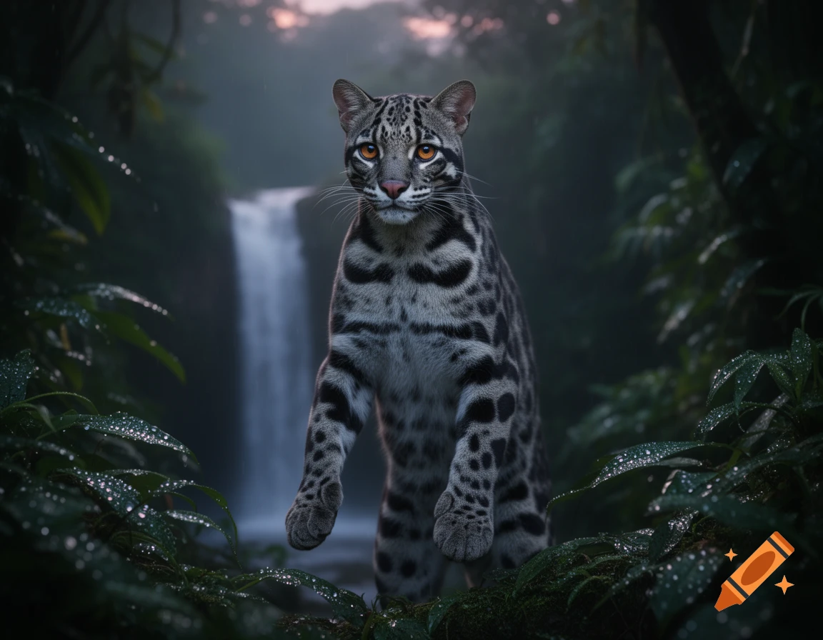A photorealistic clouded leopard stands upright in a lush, misty jungle with a waterfall in the background.