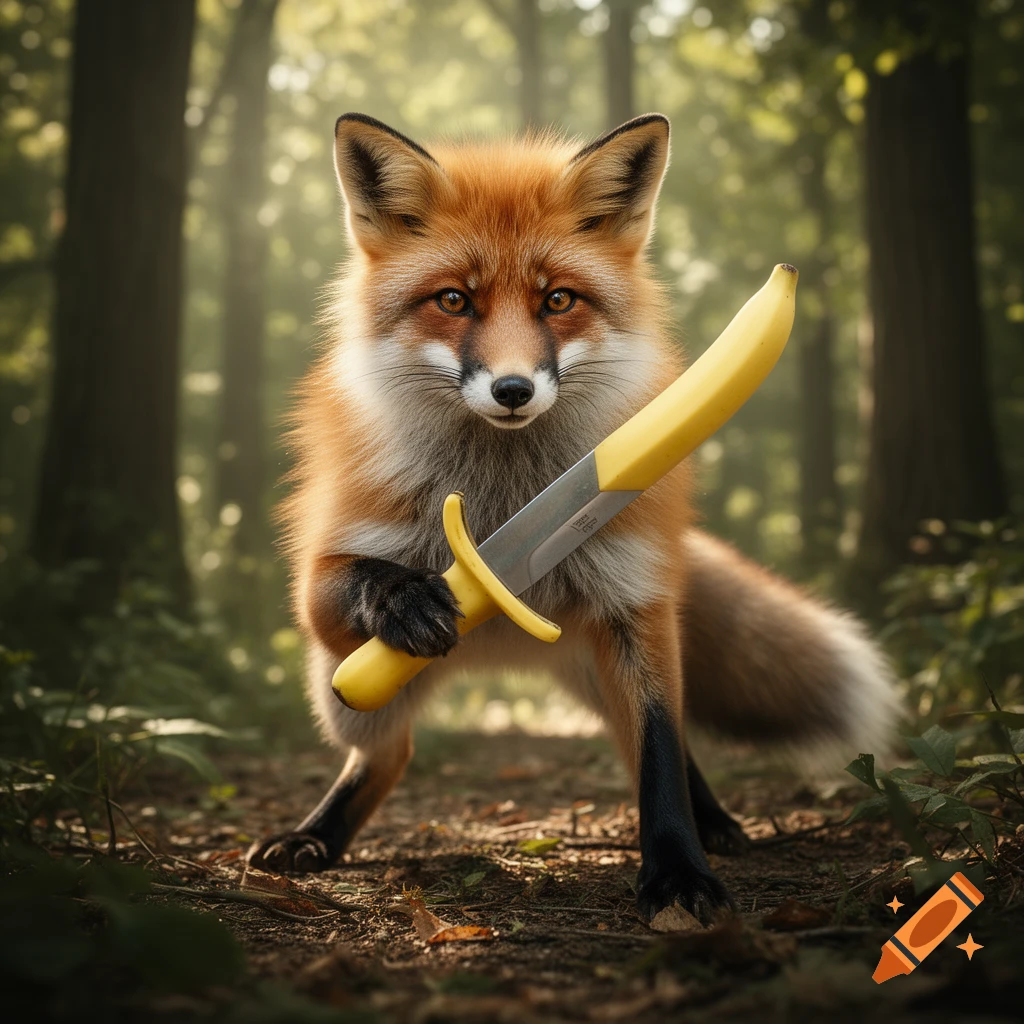 A photorealistic fox warrior stands in a sunlit forest, holding a banana shaped like a sword.