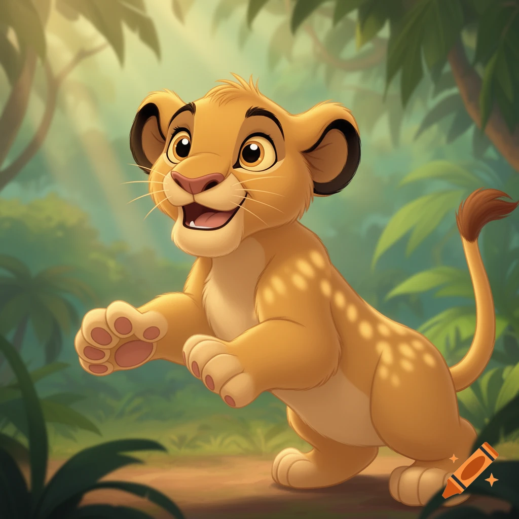 A happy, energetic cartoon lion cub with a spotted back and paws, set in a lush green jungle.