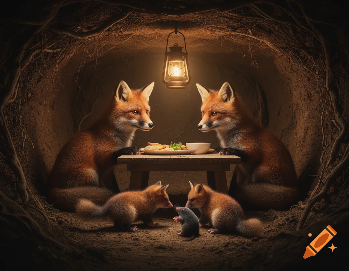 Two adult foxes and two fox pups dine with a mole at a table in a cozy, lantern-lit underground burrow.
