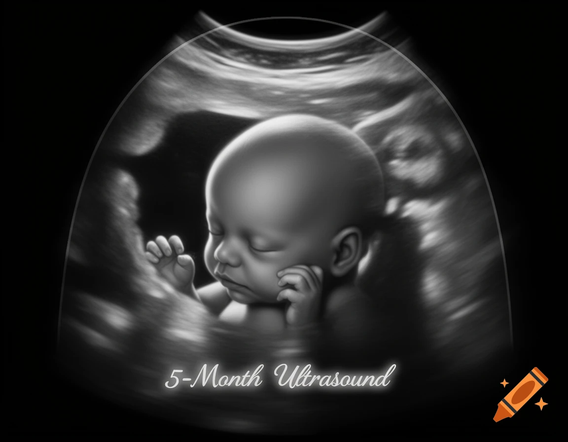 Grayscale 3D ultrasound image of a sleeping baby at 5 months with text "5-Month Ultrasound".