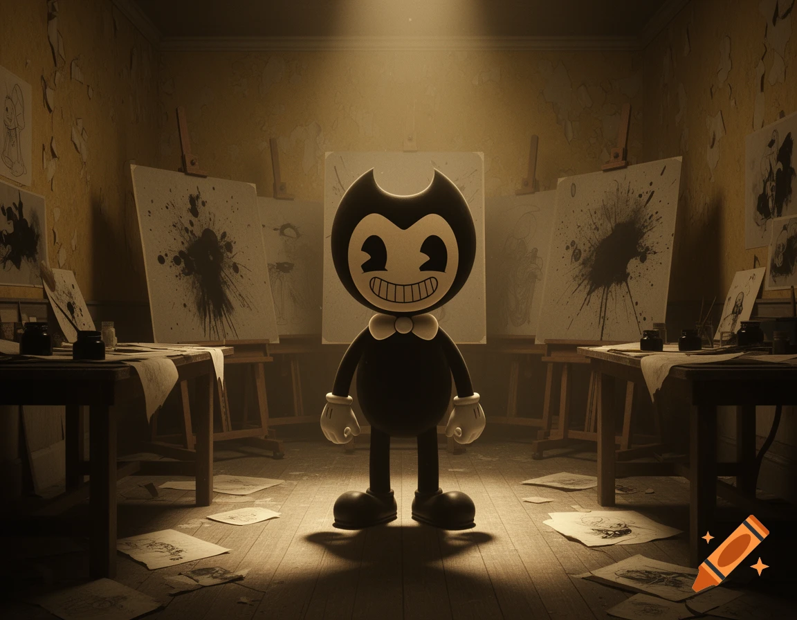 Bendy, a black and white cartoon character with a wide grin, stands in a dimly lit, old art studio filled with easels, ink splatters, and scattered papers.