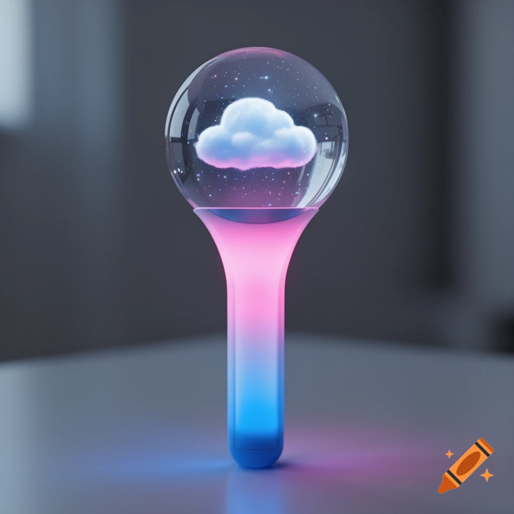A glowing pink and blue lightstick with a transparent sphere containing a fluffy white cloud and tiny stars.