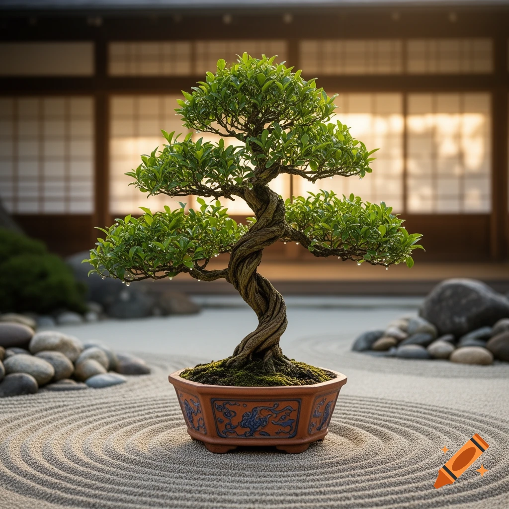 A photorealistic image of a twisted bonsai tree in a decorative pot, placed on raked sand in a traditional Japanese garden.
