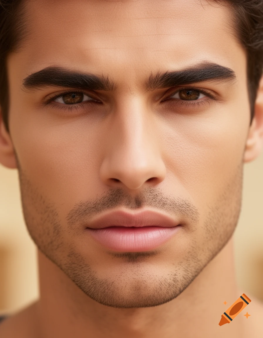 A close-up photorealistic portrait of a man with strong dark eyebrows, brown eyes, a defined nose, full pink lips, and light stubble.