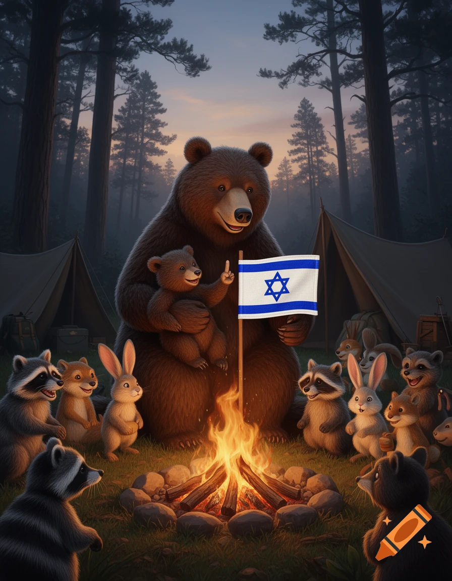 A cartoon bear family and friends camping in a forest at dusk, gathered around a campfire. A large bear holds a baby bear pointing at an Israeli flag, while raccoons and rabbits watch.