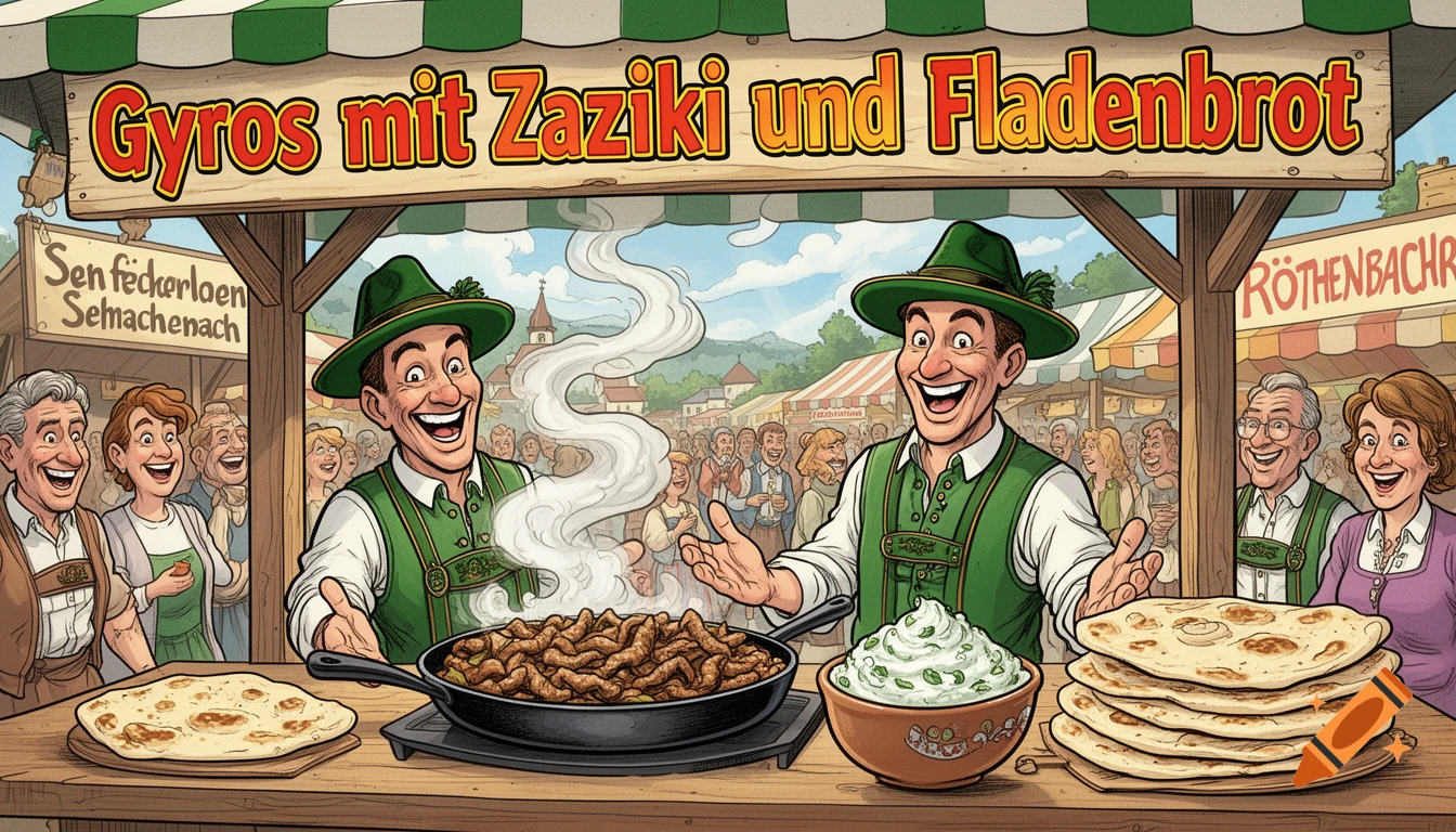 Comic style illustration of two smiling men in green Bavarian attire selling gyros, tzatziki, and flatbread at a lively market.