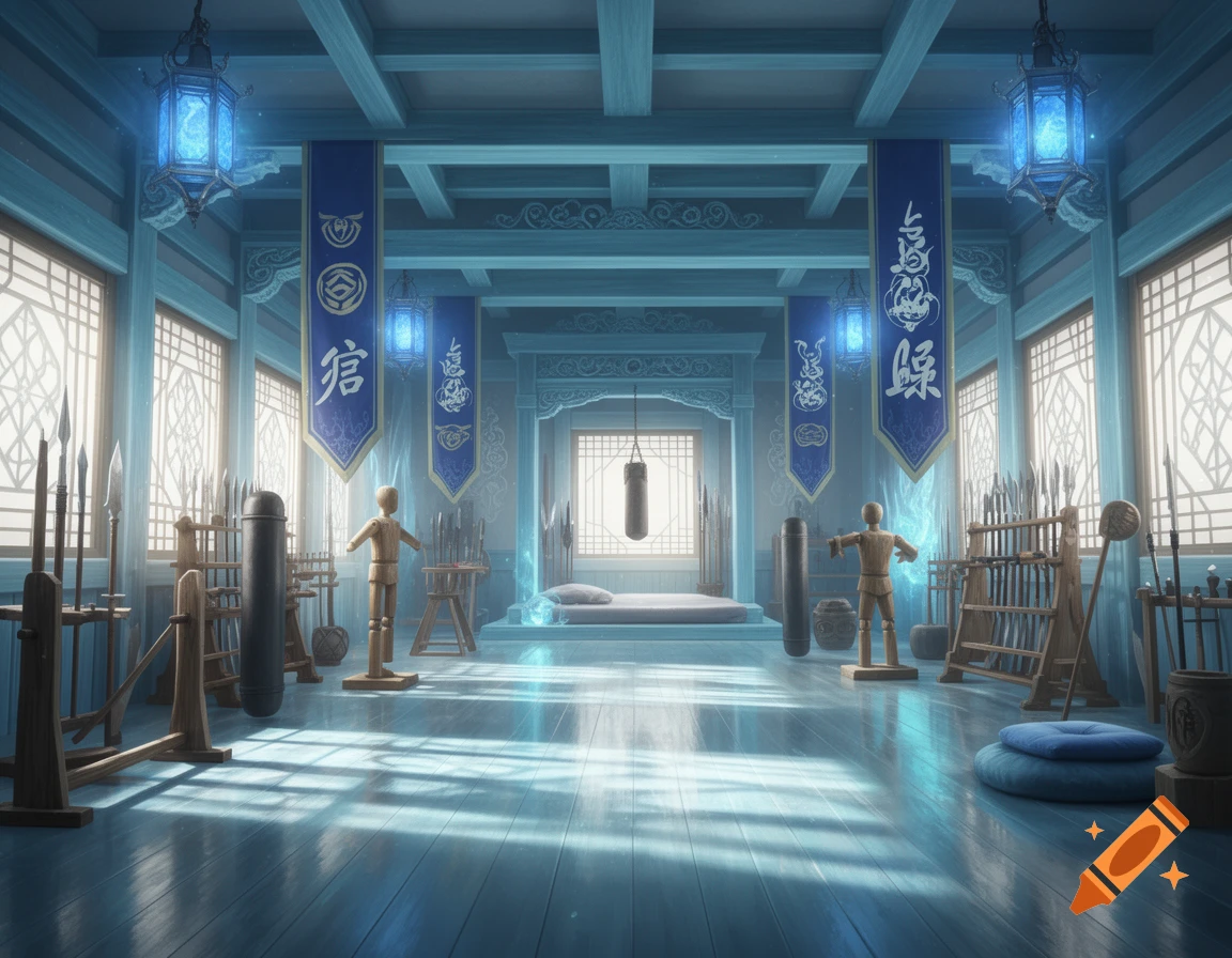 A serene fantasy dojo bathed in blue light, featuring polished floors, training dummies, weapon racks, and decorative banners.