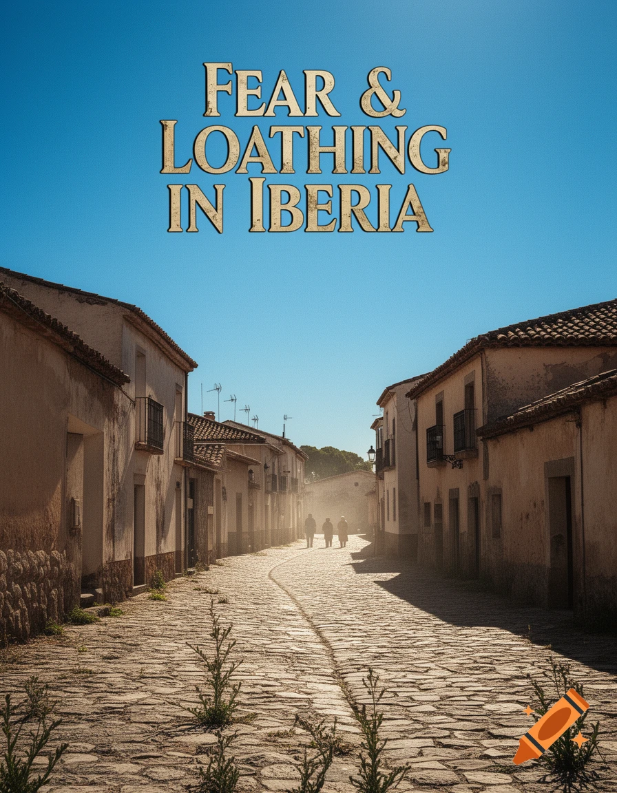 A movie poster for Fear & Loathing in Iberia, showing a sunlit cobblestone street lined with old buildings, with three figures walking in the distance.