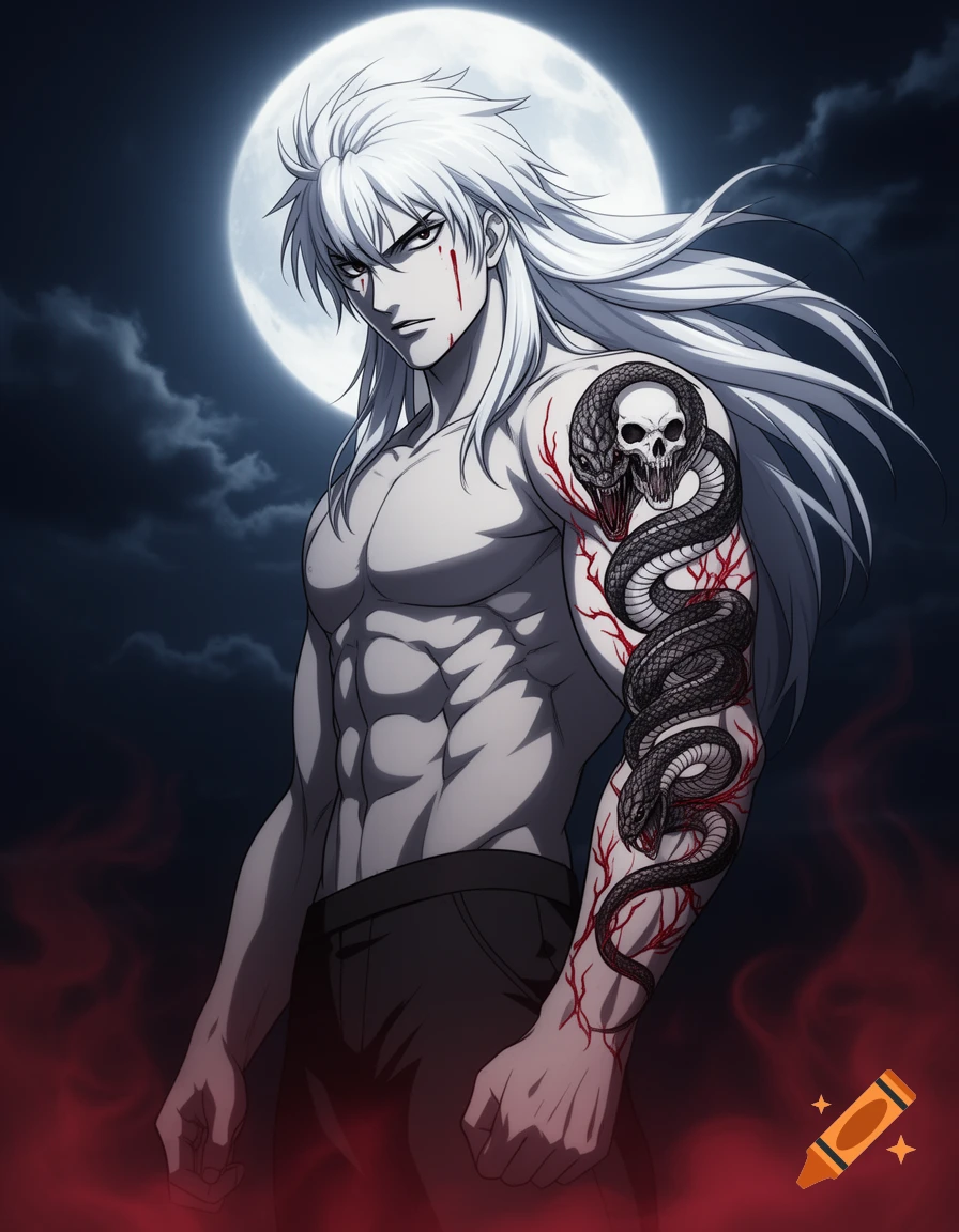 Shirtless white-haired anime man with a snake and skull tattoo on his arm, standing under a full moon with red mist.