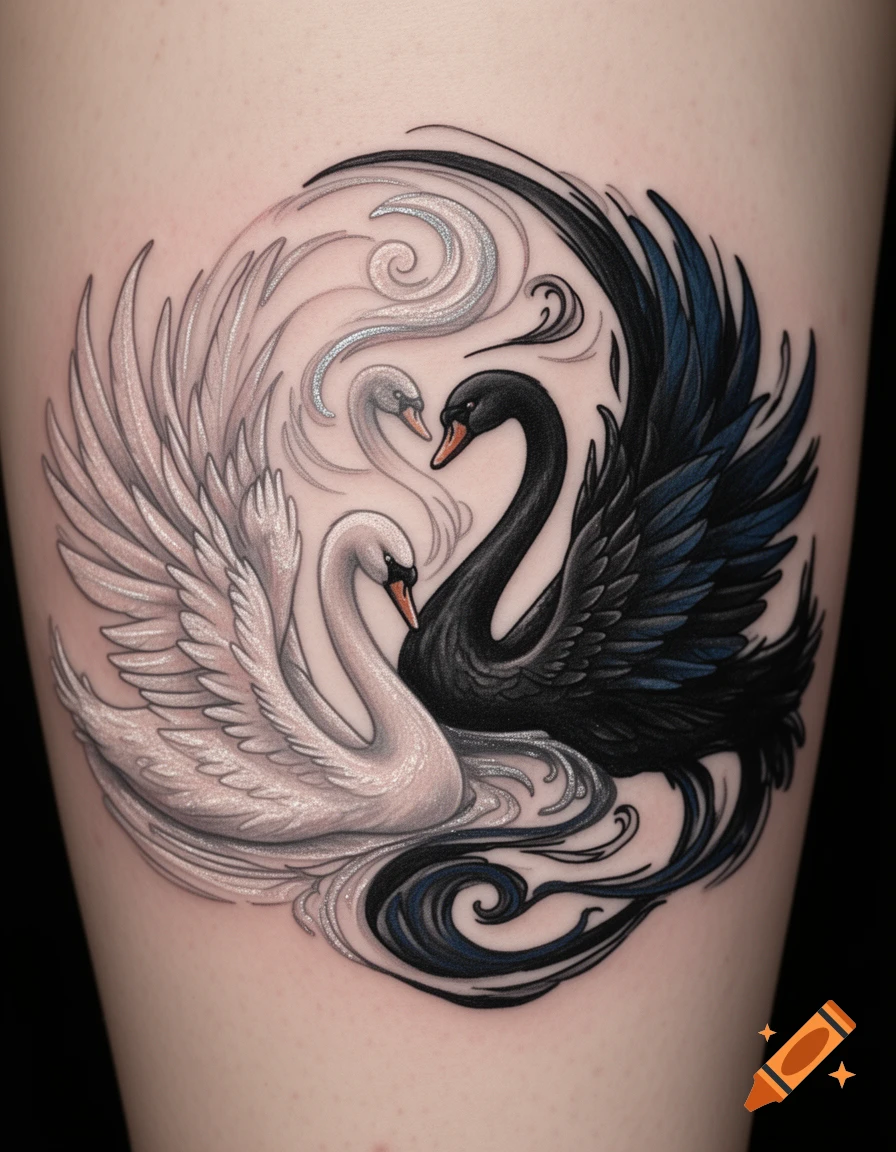 Tattoo on skin featuring black and white swans in a swirling yin and yang design.