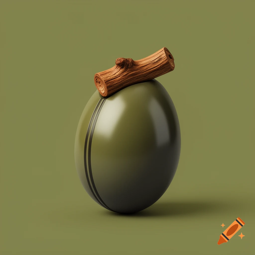 An olive green glossy sphere with two dark lines, topped with a piece of rustic wood, against a matching olive background.