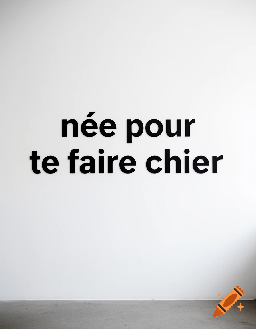 Black 3D letters reading 'née pour te faire chier' mounted on a white wall above a gray concrete floor in a minimalist room.
