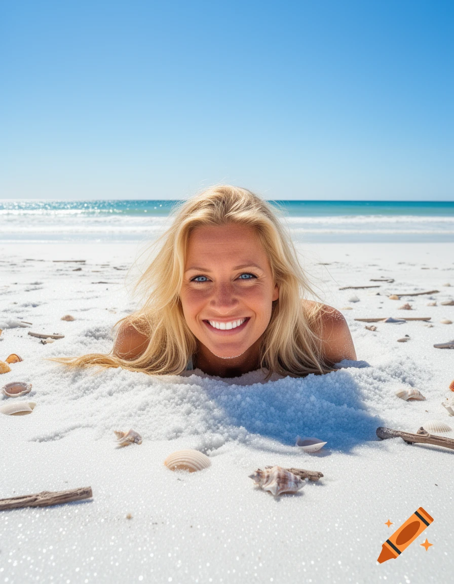 Photorealistic image of a smiling blonde woman buried up to her chin in bright white sand on a sunny beach with the ocean in the background.