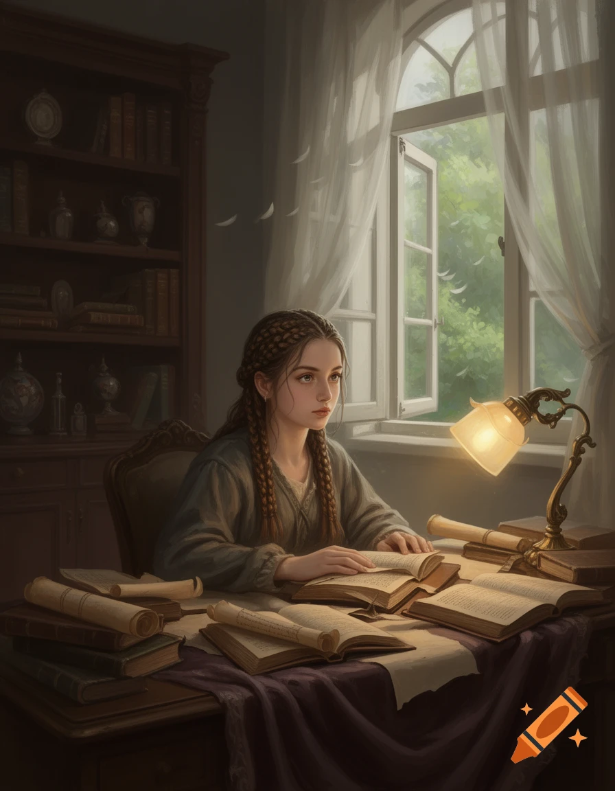 An illustration of a young woman with braided hair reading books at a desk in a study, bathed in soft light from a lamp and a window.