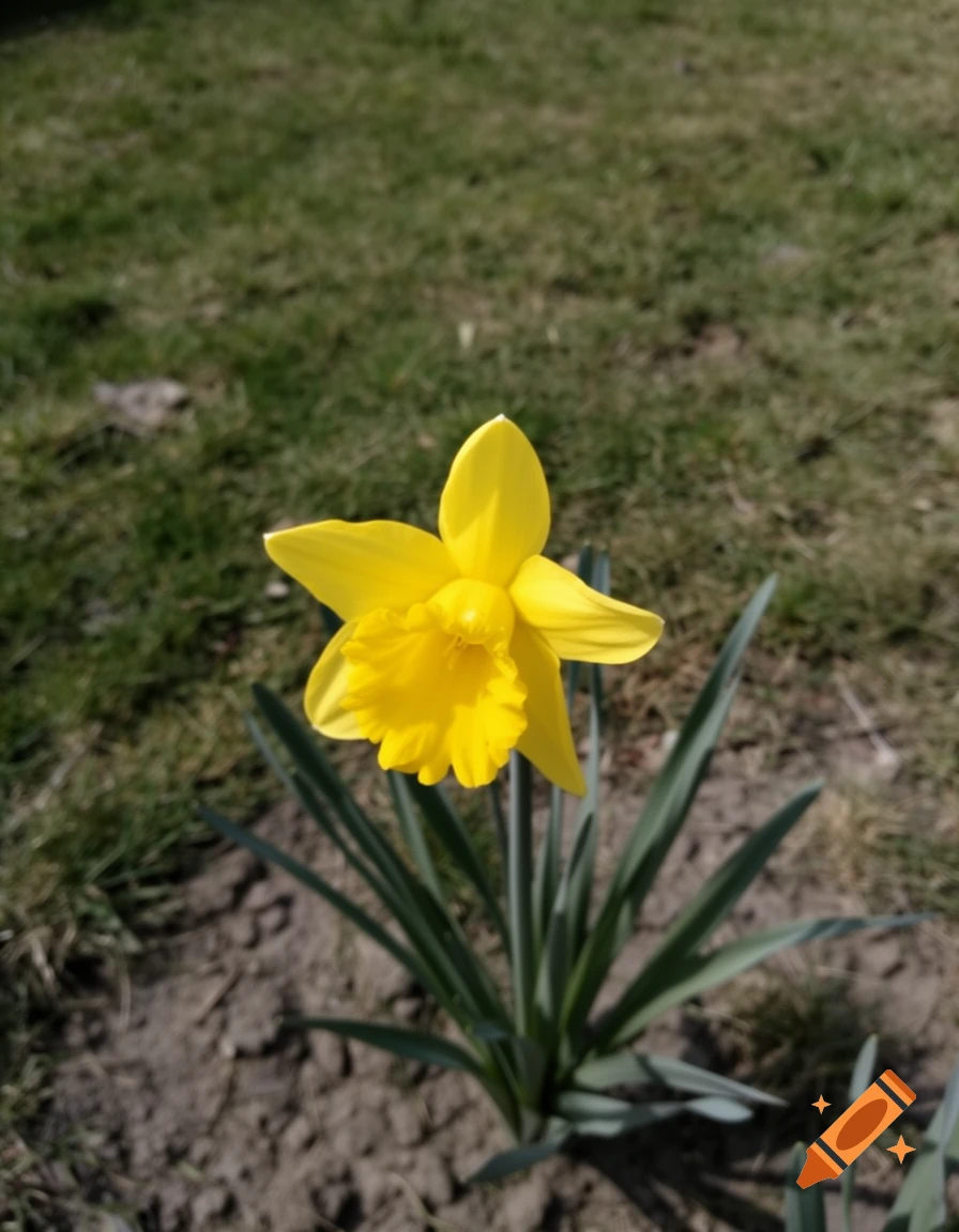 A vibrant yellow daffodil flower blooms in a garden with green grass and soil under natural daylight, captured in a smartphone snapshot.