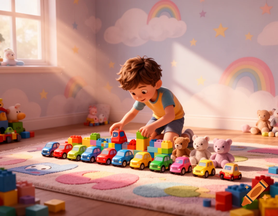 Cartoon boy playing and organizing colorful toy cars and blocks in a sunny playroom.