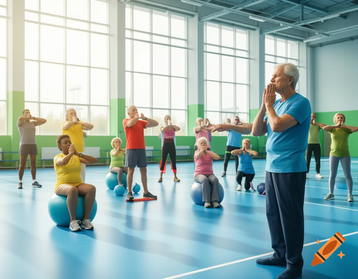 A diverse group of seniors in a bright gym, some on exercise balls, performing light exercises with an instructor.
