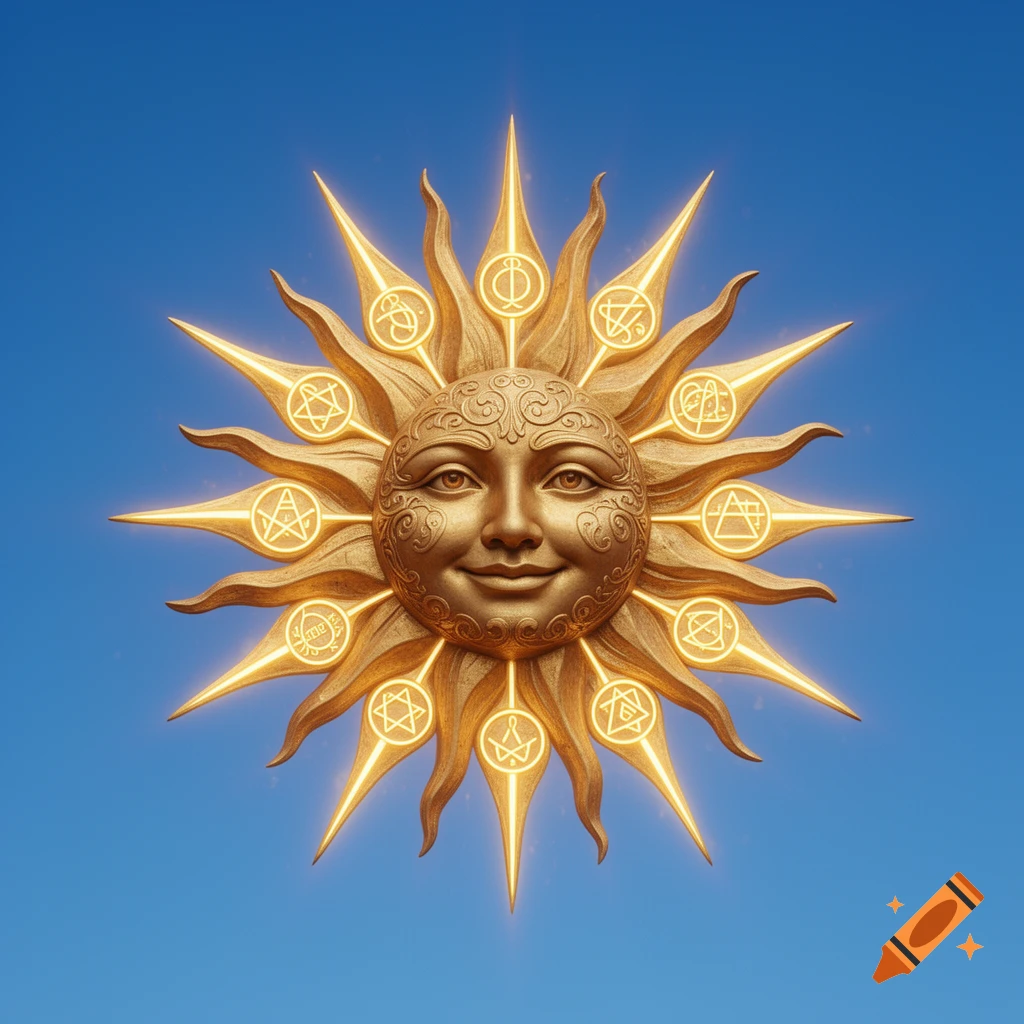 A golden stylized sun with a smiling human face and intricate glowing alchemical symbols on its rays, set against a clear blue sky.