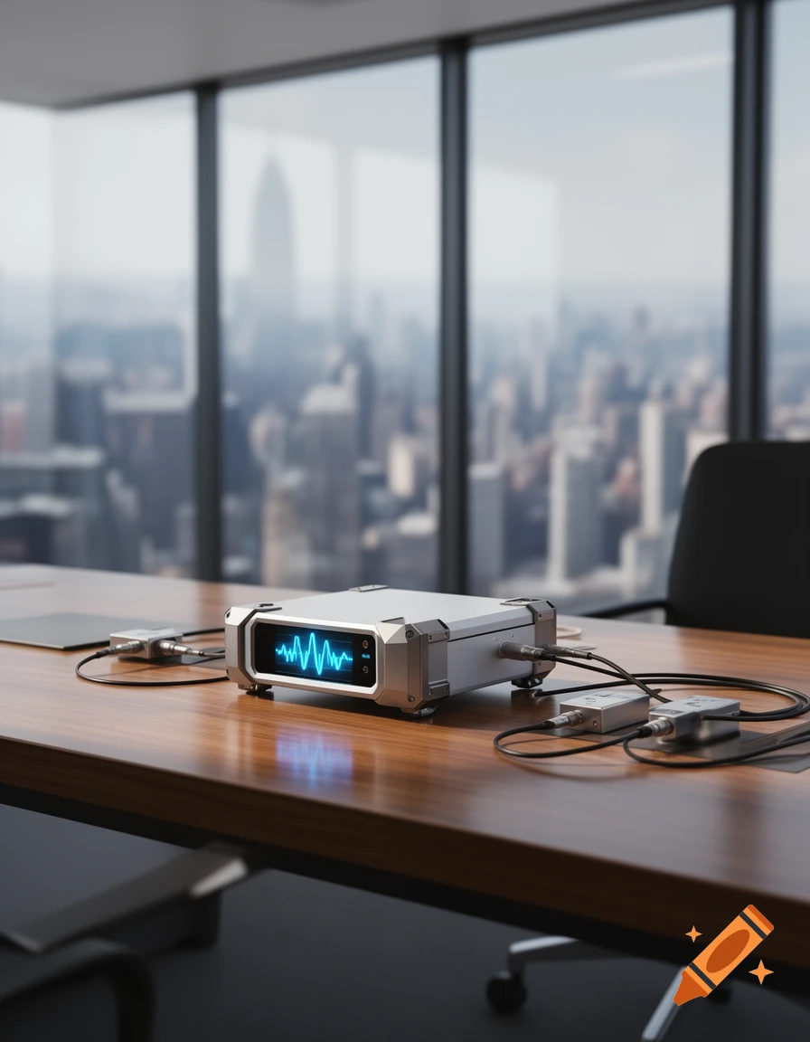 A photorealistic image of a silver electronic device with a blue waveform display on a wooden desk in a modern office with a city view.