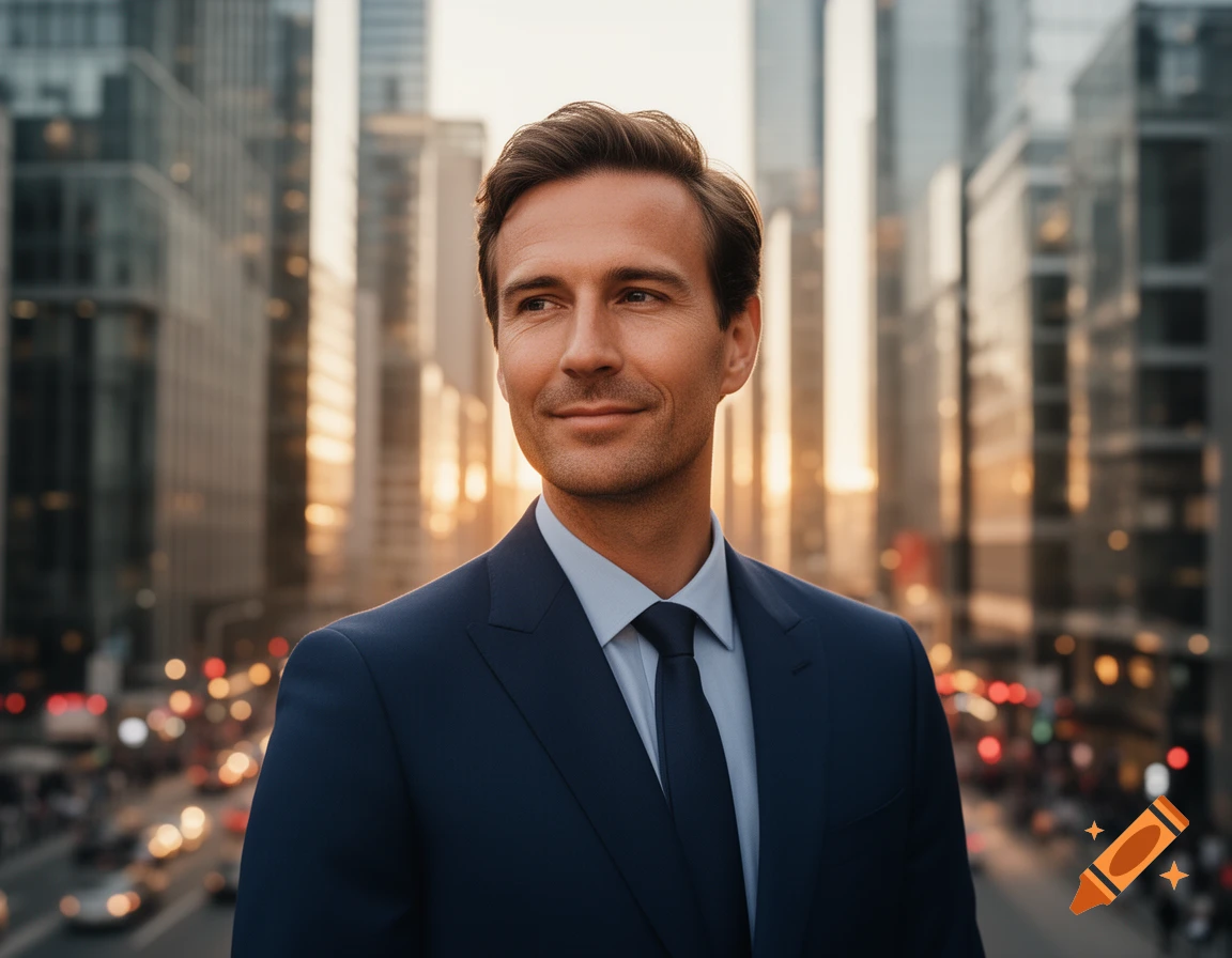 Photorealistic portrait of a smiling man in a dark suit and tie, against a blurred cityscape at dusk.