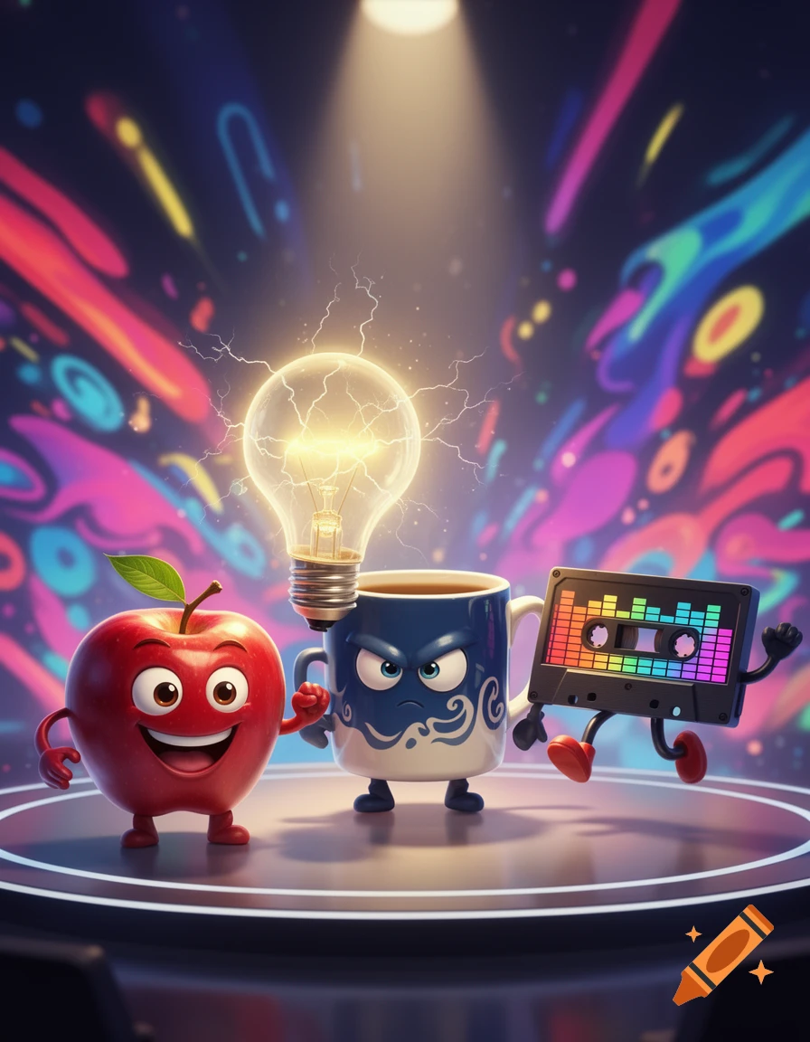 A red apple, a blue mug holding a lightbulb, and a cassette tape, all anthropomorphic, stand on a lit stage with a colorful, abstract background. Cartoon style.