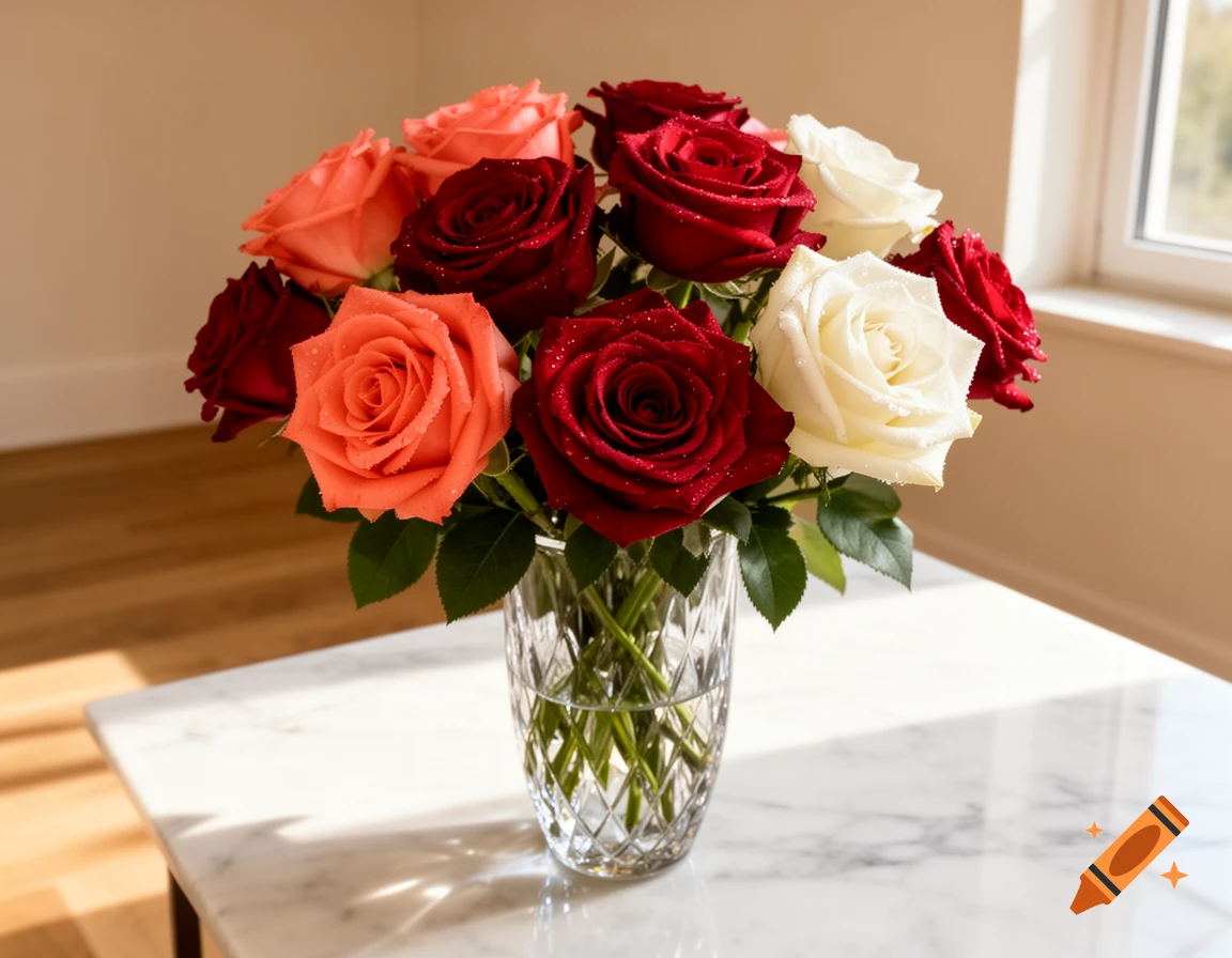 A vibrant bouquet of red, white, and peach roses with water droplets in a cut glass vase on a marble table.