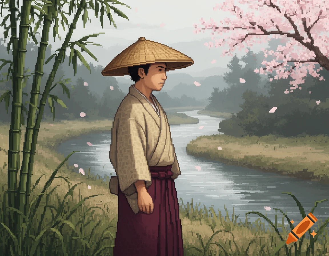 Pixel art of a man in traditional Japanese attire and a straw hat standing by a river with bamboo and cherry blossoms.